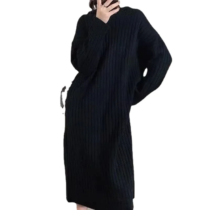 

2025 New Pure Color A-Line Dress Knitted Sweater Dress with Hooded Women Autumn Winter Loose Fit Knee-Length Thick Knit Skirt