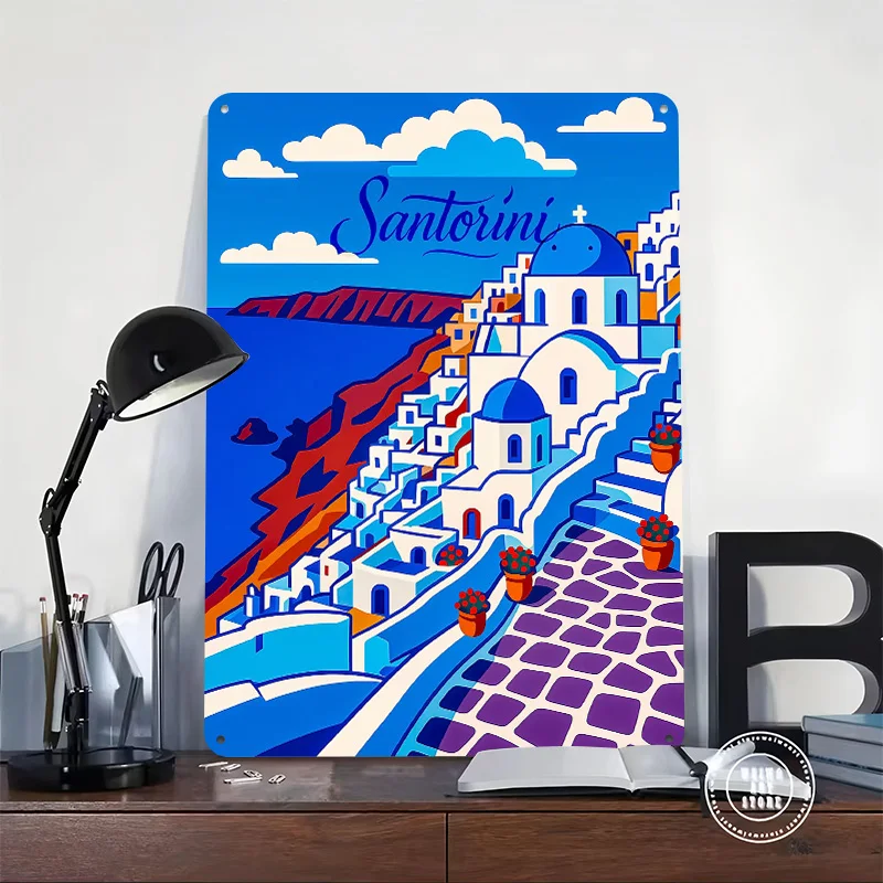 Santorini Greece Travel Art Poster Customized Vintage Metal Signs Wall Art Retro Tin Plaque for Bedroom Decoration Gaming Home