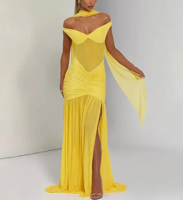 2026 summer new fashionable, sexy, elegant solid color strapless backless mesh belt pleated dress for women