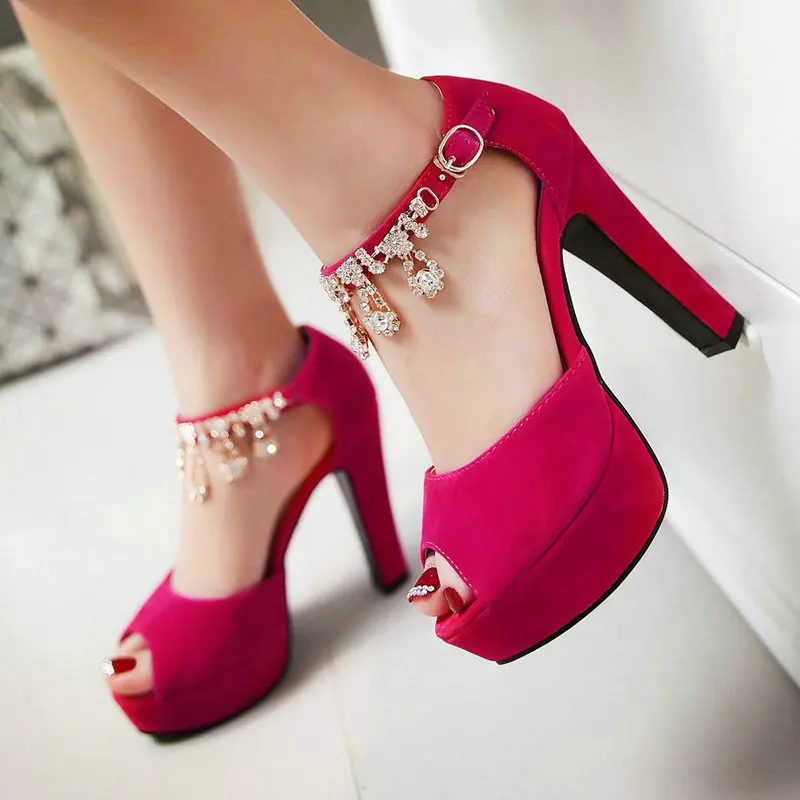 Velour Velvet Peep Toe Blue Party Wedding Thick High Heels for Party Dress Shoes with Crystal Big Size 45 46 Platform Sandals