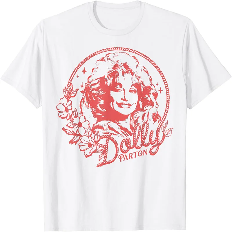 Men Women Vintage Dolly Parton Portrait T-shirt Country Music Star Floral Print Short Sleeve Casual Cotton Tee Tops