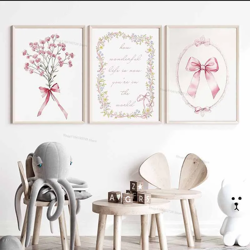 Pink Teddy Bear Hot Air Balloon Carousel Flower Nursery Wall Art Canvas Prints Posters Animals Pictures for Baby Kids Room Decor