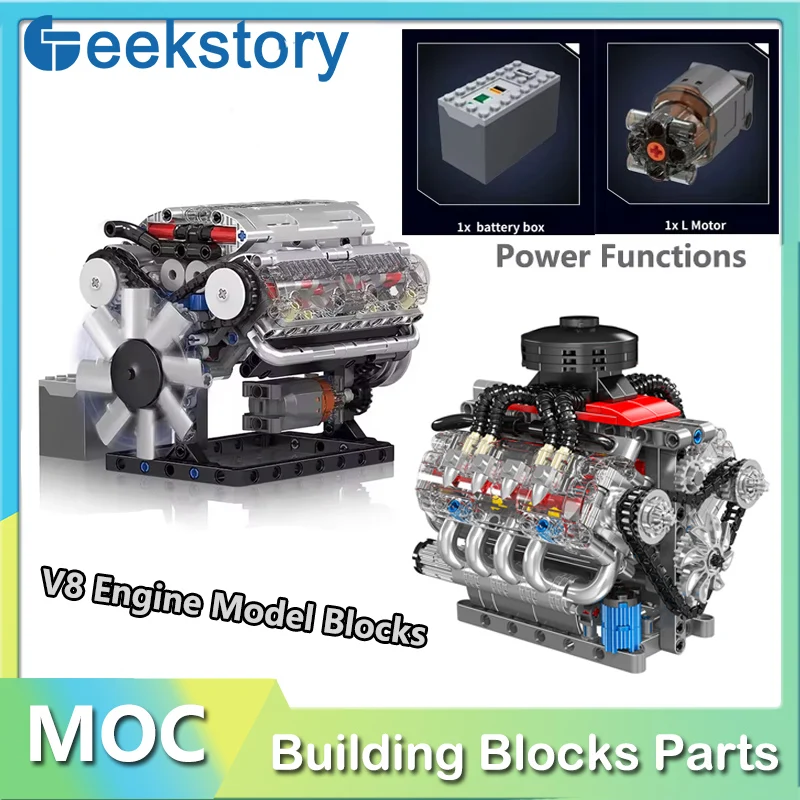 V8 Cylinder Engine Scale 10088 Model MOC Building Block Kit 10171 With Battery Box + L Motor Electrically Drive Bricks Toys Gift