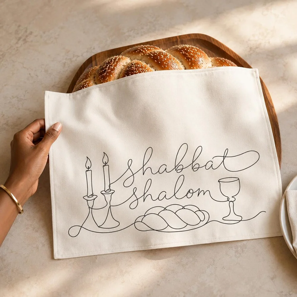 Shabbat Shalom Challah Cover Modern Judaica with Challah Candles and Kiddush Cup Jewish Holiday Supplies Rosh Hashanah Hanukkah