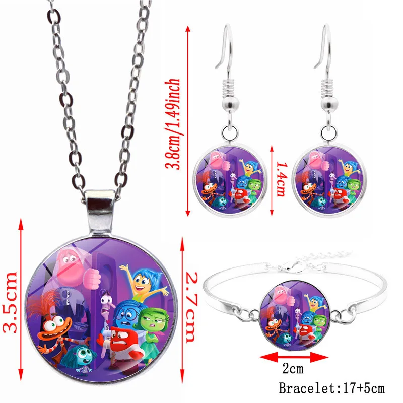 Disney 4pcs Inside Out Necklaces Bracelets Earrings Set Anime Jewelry Riley Disgust Joy Anger Accessor Pendants Kids Girls Gifts