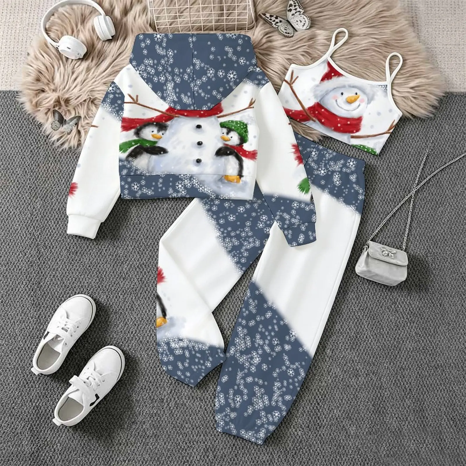 Autumn Winter Girls Hooded Outwear Christmas Print Three-Piece Set Fashion Tank Tops Kids Jogging Pants Trendy Long Sleeve