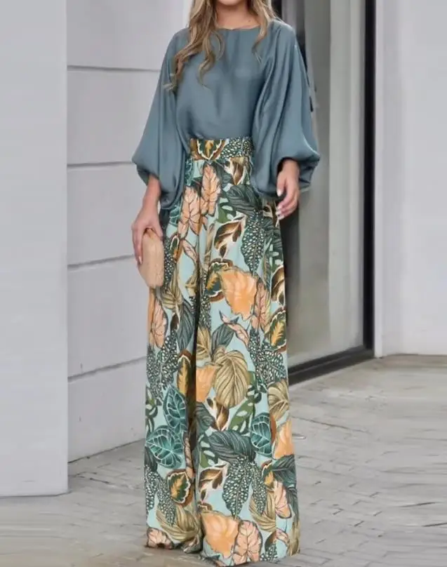 Lantern Sleeve Top&tropical Print High Waist Pants Set 2023 New Hot Selling Fashion Women's Loose Fit