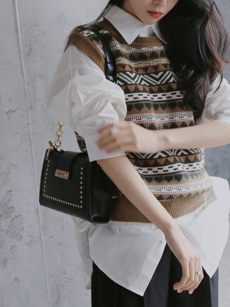 

Теплый вязаный комплект Warmo (свитер и жилет) в винтажном стиле для осени и зимы, с длинным воротником, повседневный женский топ, модный узор, для повседневной носки...