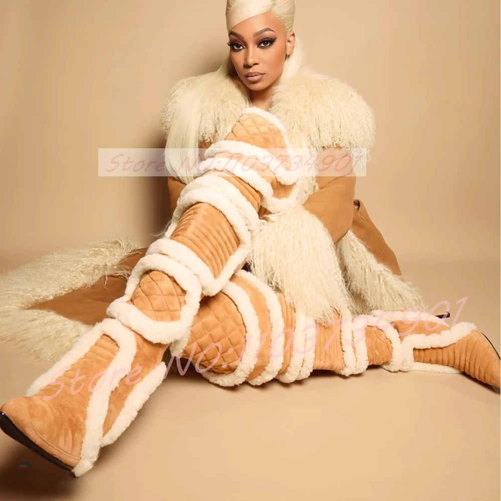 

White Shearling Over The Knee Boots Women Brown Suede Pointed Toe Warm High Heels Boots Ladies Stylish Party Winter Footwear