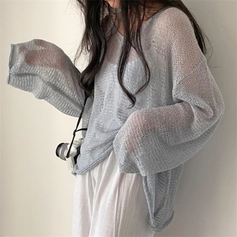 Long Sleeve Pullovers Women Hollow Out Knitted Sun-proof Spring Summer Chic Thin Ulzzang New All-match Solid Tops Casual Outwear