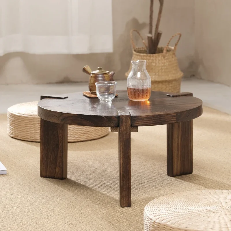 ti- Style Home Tea Table Solid Wood Zen Tatami Tables Four Legged Circular Bay Window Desk Vintage Versatile Home Furniture-