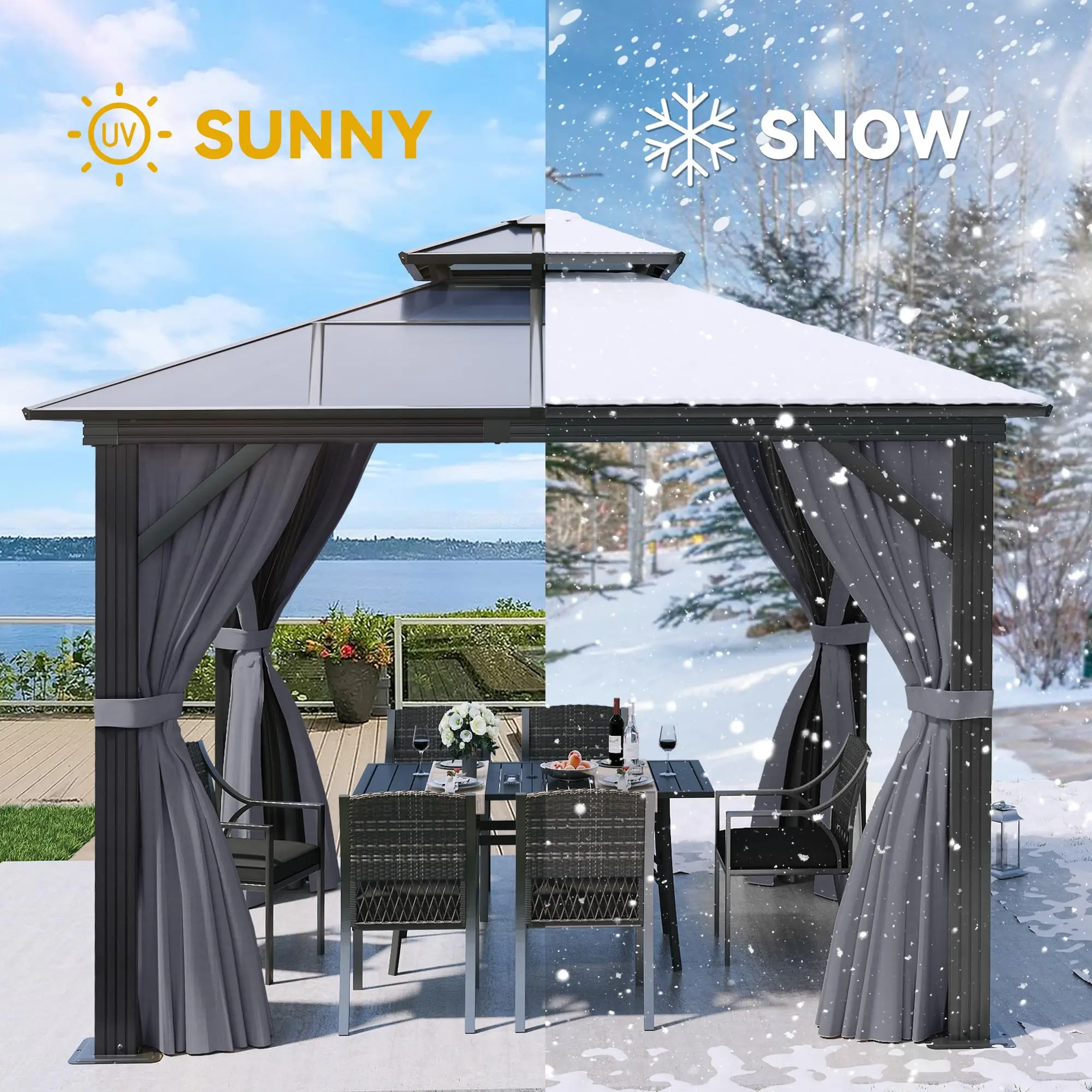 

In Stock Garden Backyard Outdoor Garden Double Roof Aluminium Pavilion Waterproof Hardtop Gazebo Tent With Steel Curtain Netting