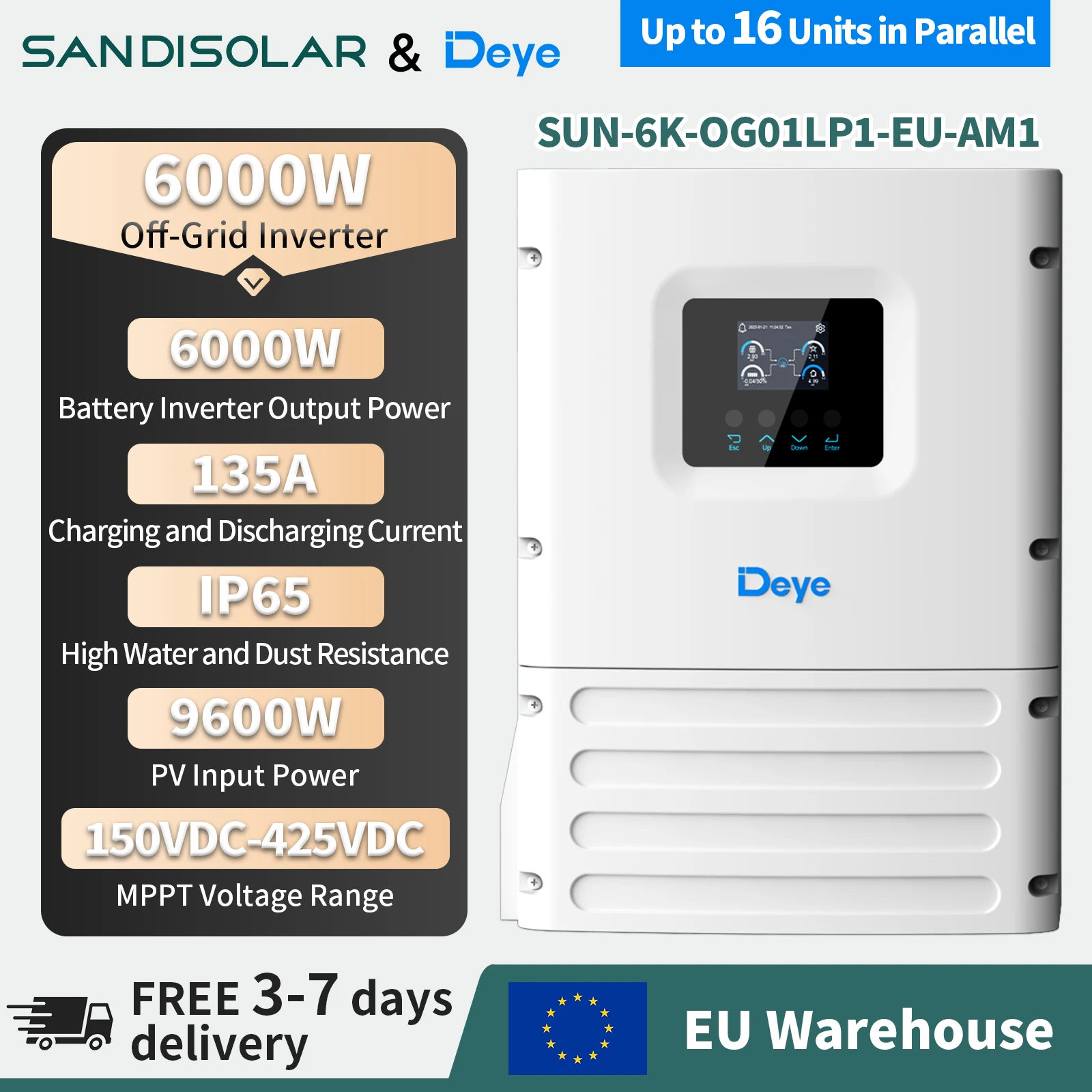 Inversor solar autónomo Deye de 6kW, 48V, 230V, onda sinusoidal pura, 135A, MPPT,  IP65, eficiencia del 97,6 %, Wi-Fi, RS485, CAN, 16 unidades en paralelo, almacenamiento de energía doméstico, SUN-6K-OG01LP1-EU-AM1