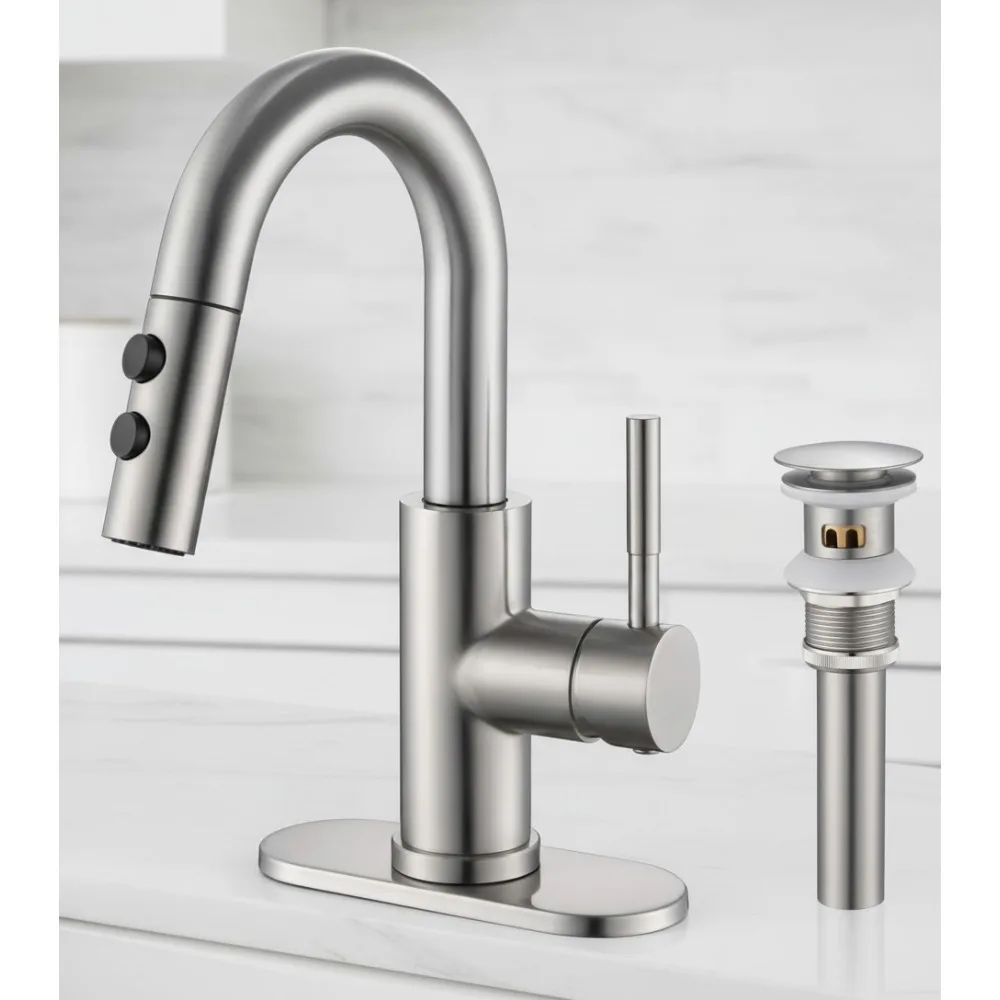 

Pull Down Sprayer Bathroom Sink Faucet, Brushed Nickel Single Handle with Pop-Up Drain for Home & RV