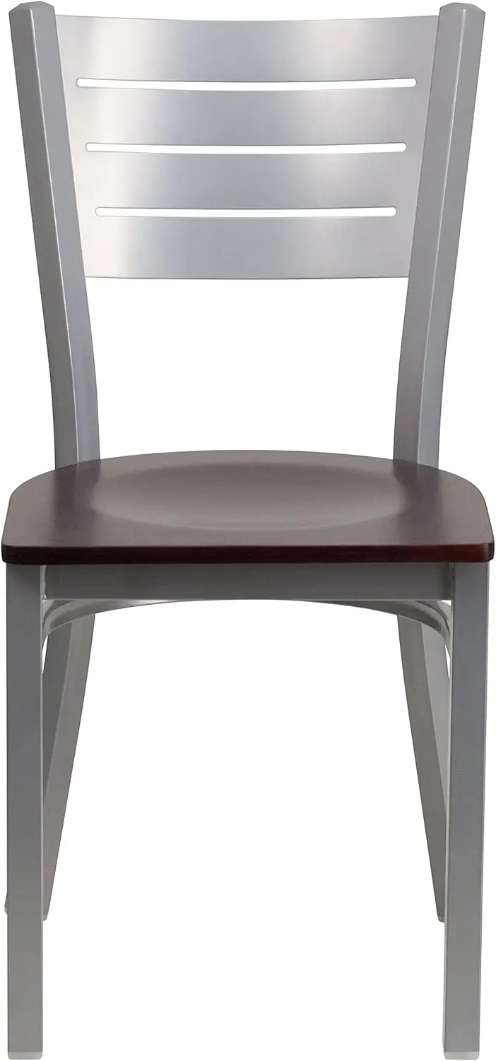 Silver Slat Back Metal Restaurant Chair - Mahogany Wood Seat