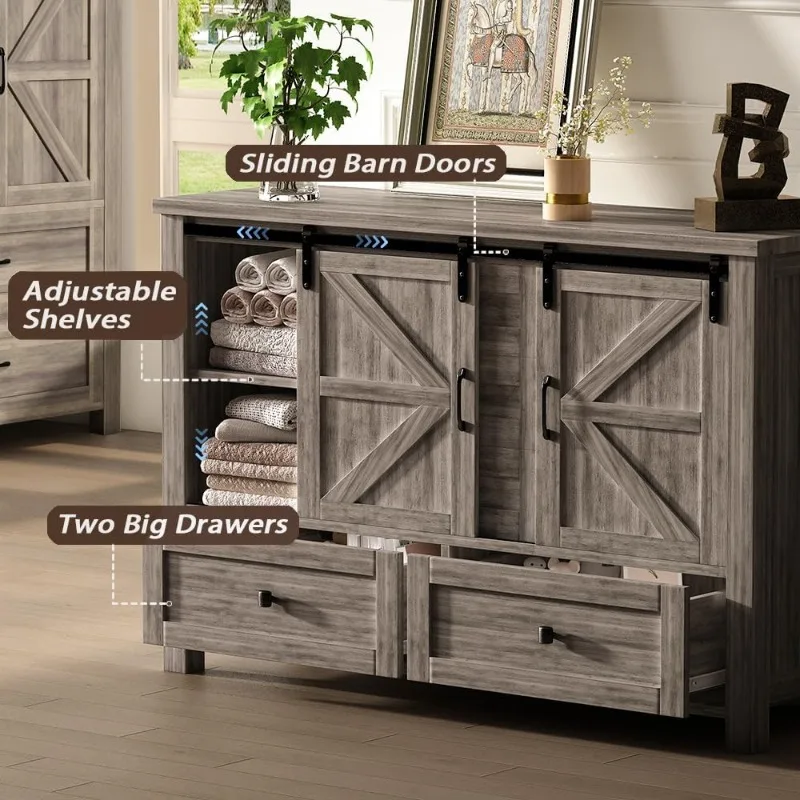 48" Farmhouse w/5 Drawer & 2 Sliding Barn Door, Dressers&Chests of Drawers, 5 Drawer Dresser TV Stand for Bedroom, Living Room