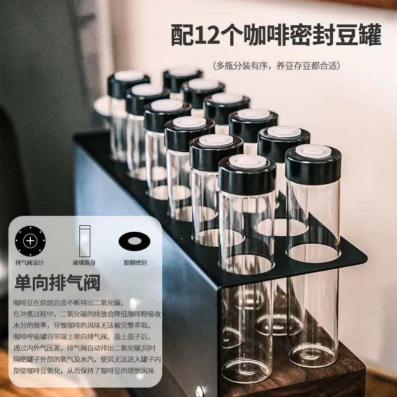 Solid Wood Coffee Bean Display Rack with Glass Test Tubes Airtight Storage Jars for Kitchen Organization and Home Decor