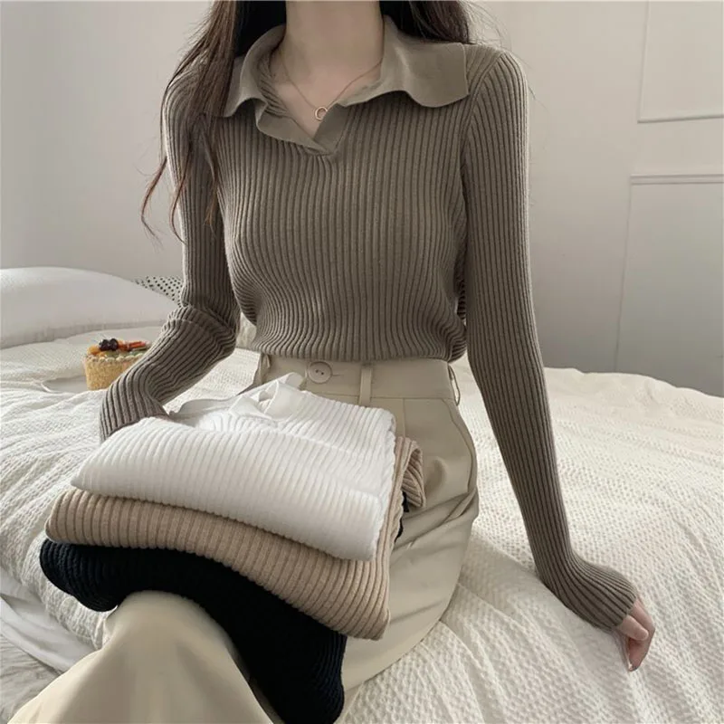 Xpqbb Women Sweater and Pullover Vintage Slim V-neck Long Sleeve Knitted Sweaters Female Korean Chic Elastic Ribbed Jumpers Tops