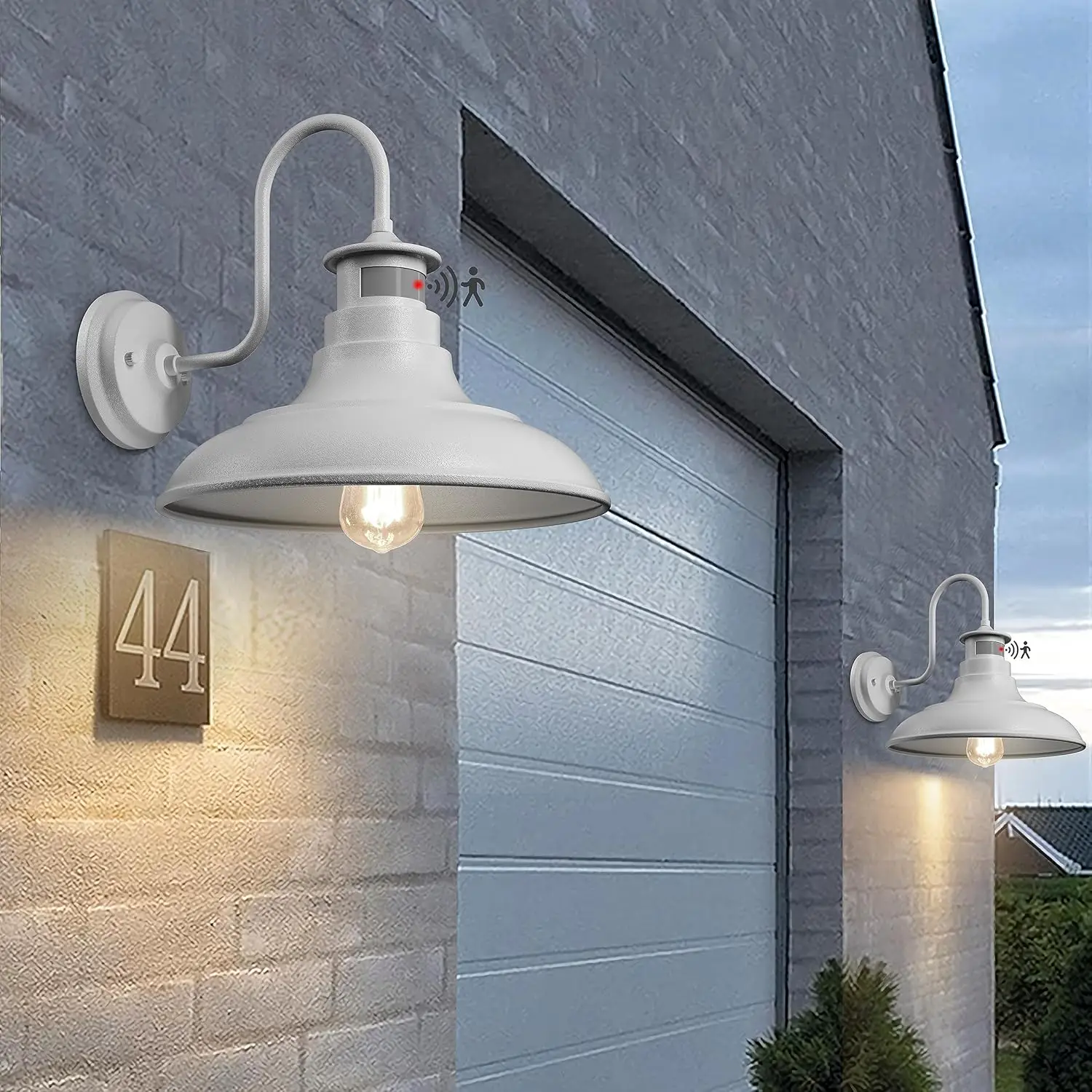 

2 Pack Farmhouse Gooseneck Wall Sconce, Motion Sensor Dusk to Dawn Outdoor E26 IP65 Waterproof Matte White Porch Light