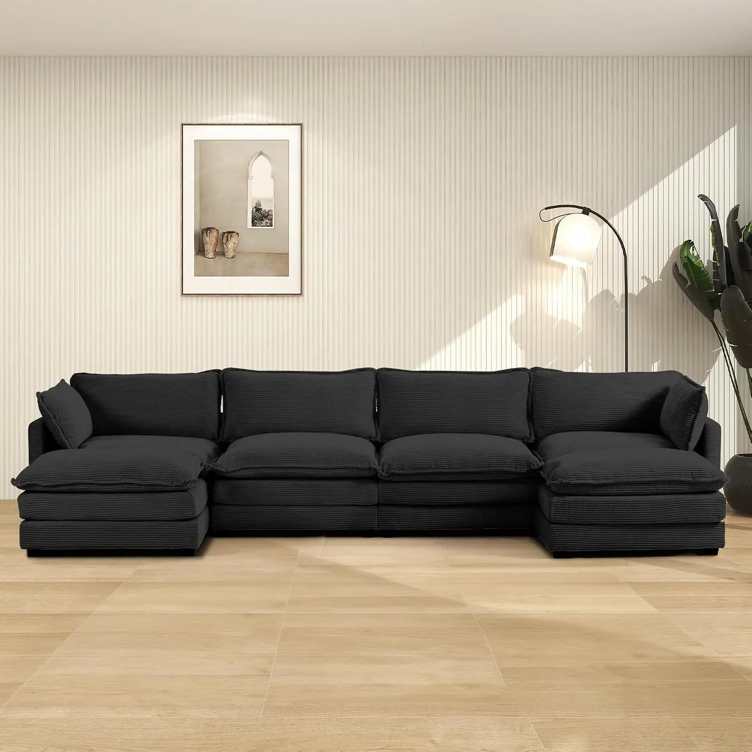Modular Sectional Cloud Sofa with 2 Ottomans, Oversized 6 Seat Corduroy Deep U Shaped Sofa for Living Room, Black, Customized