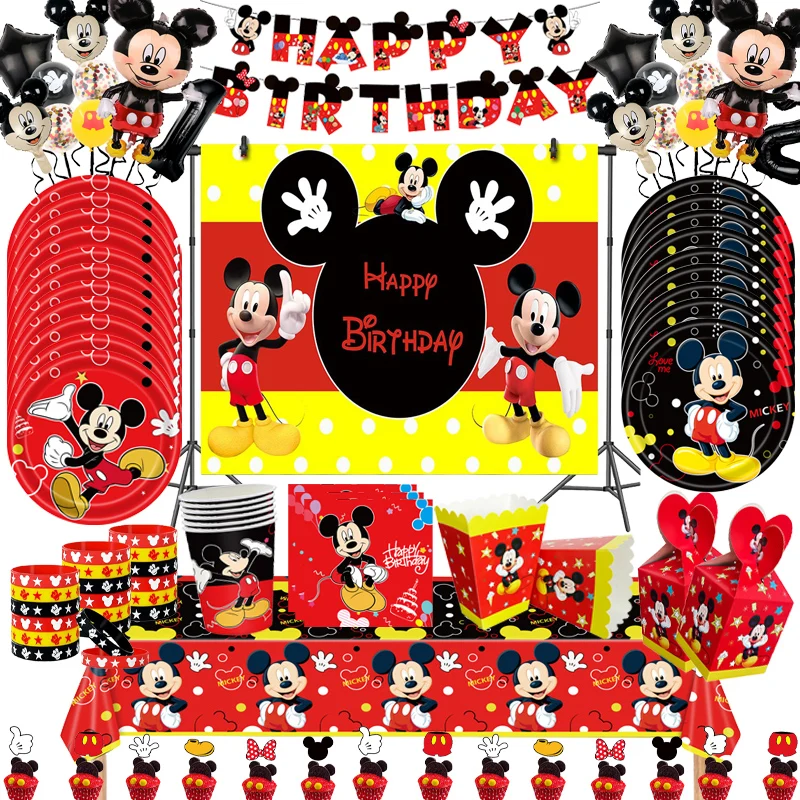 Disney Mickey Birthday Party Supplies Plates Napkins Tablecloth Happy Birthday Banner Backdrop Balloons Kids Party Decorations