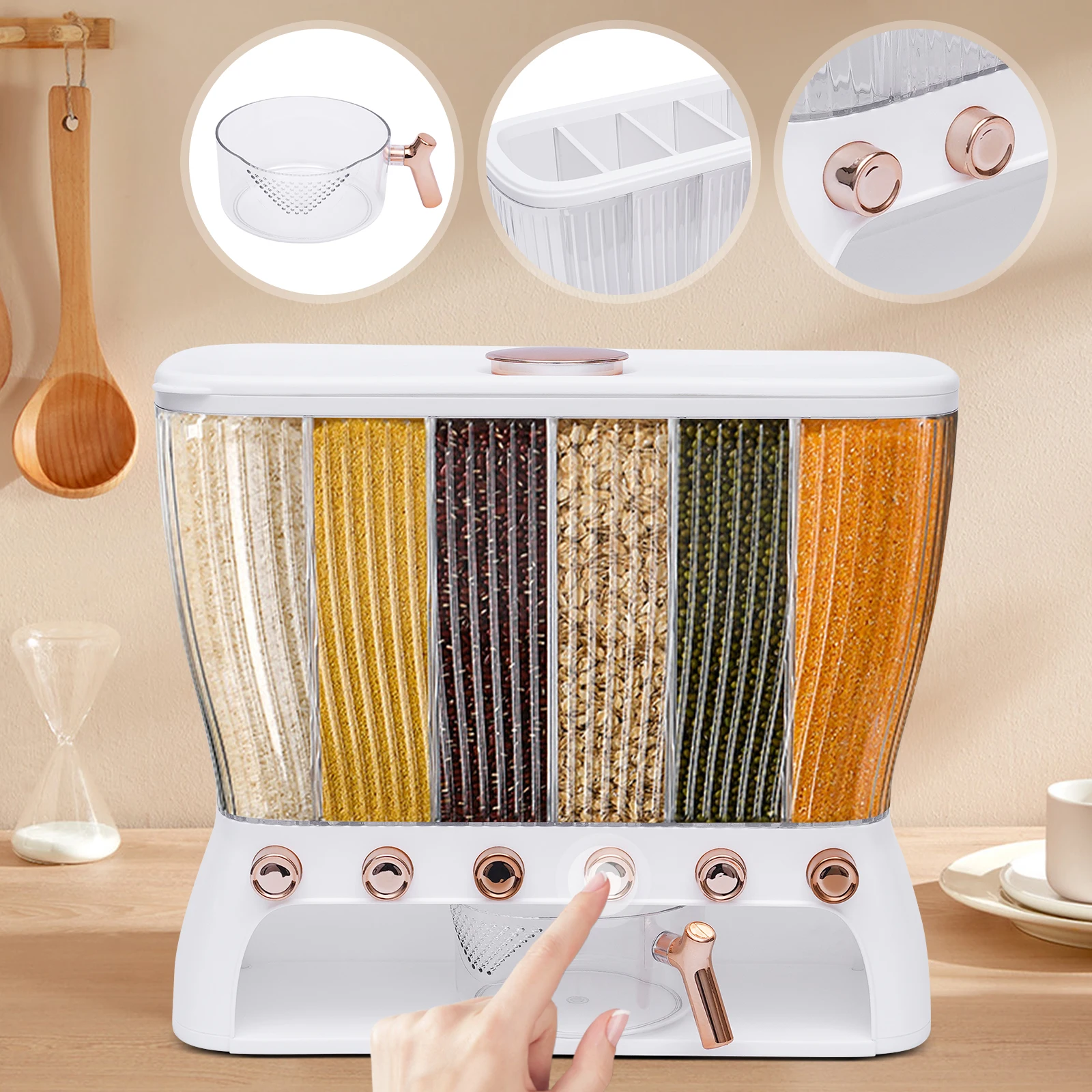 

Kitchen Multigrain Tank, 6 Grid Rice Storage Dry Food Dispenser, Grain Dispenser with Rice Hopper, Rice Dispenser 22 Pounds