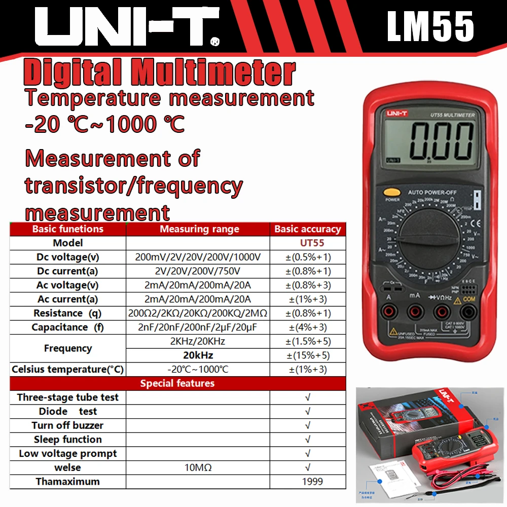 UNI-T UT55 مقياس رقمي متعدد 1000 فولت التيار المتناوب/تيار مستمر العالمي DMM الترانزستور الكهربائي مكثف تستر للهندسة الكهربائية