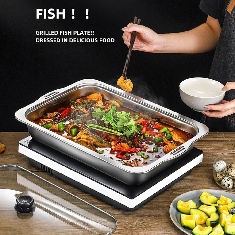 Large Capacity Stainless Steel Fish Deep Plate Both Gas and Induction Cooker BBQ Fried Beef Food Tray Seafood Dish Bbq Plate