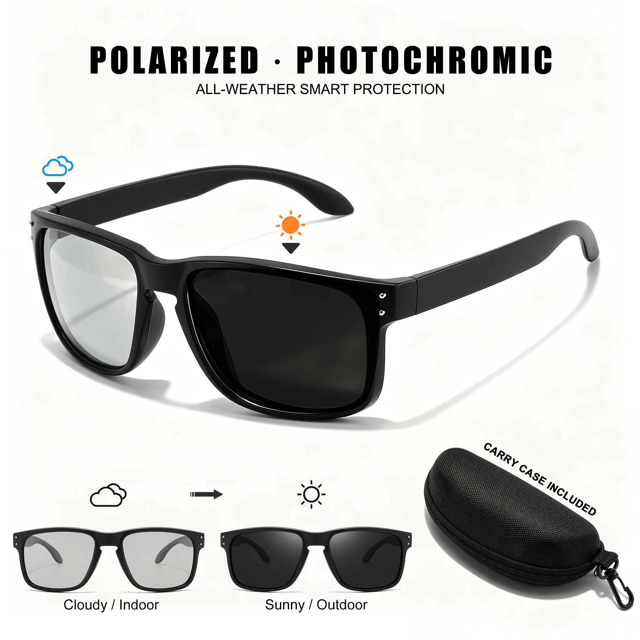 Unisex Quadratische Rahmen-Photochromatische Polarisierte Sportsonnenbrille UV400 Blendschutz Komfortabler Sitz zum Fahren, Angeln, Radfahren