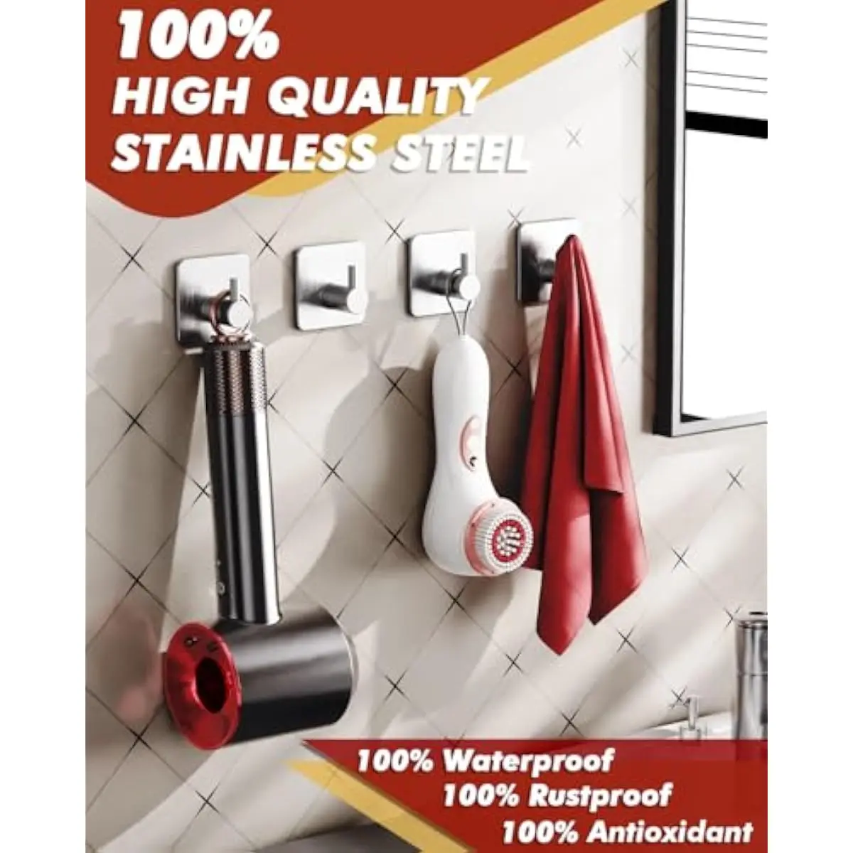 Heavy Duty Adhesive Hooks, 5 Pack Stainless Steel Hook 22 lb, Silver