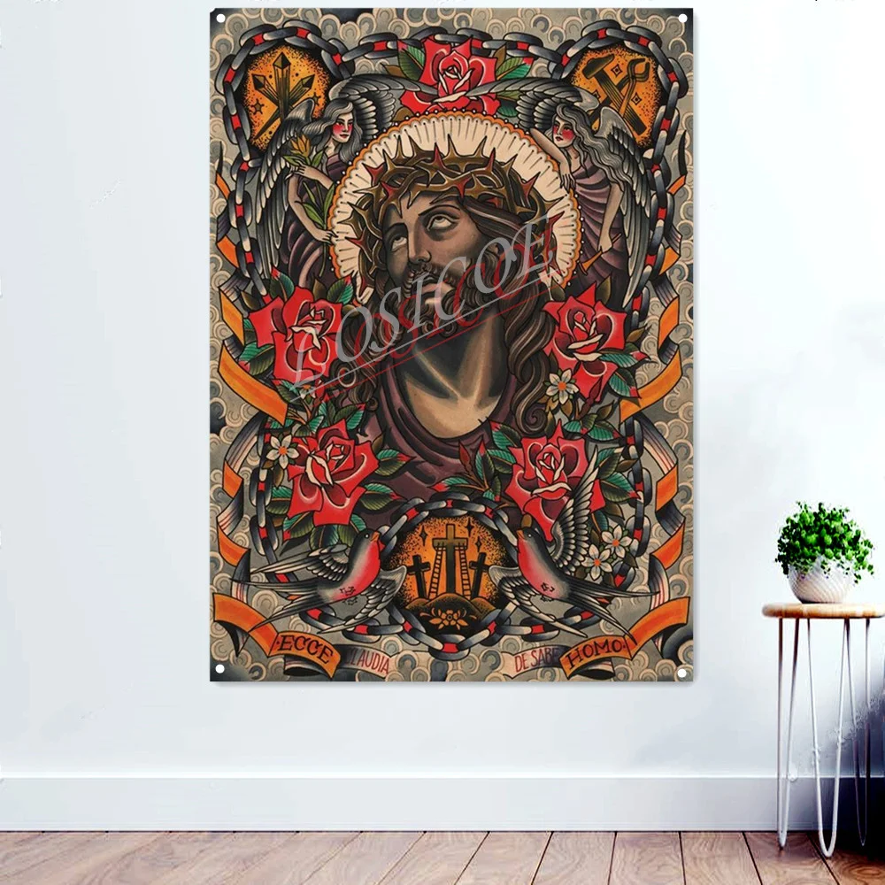 Jesus. Traditional Tattoo Art Banners Wall Hanging Flag Mural Vintage Posters and Prints Wall Decor Tapestry Canvas Painting