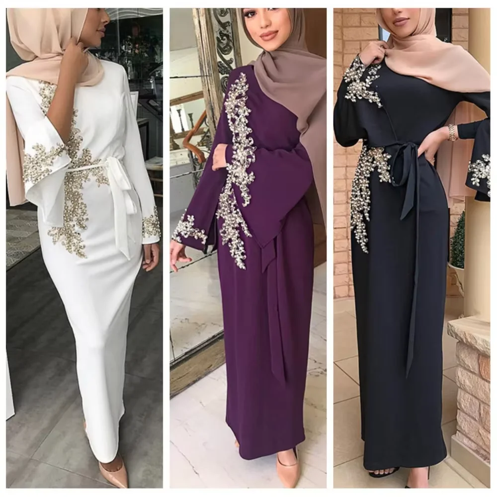 Muzułmańska moda Sukienka Kobiety Arabskie Sukienki Perłowe Kolacja Impreza Plus Rozmiar Luźna Casualowa Elegancka Kobieca Sukienka Maxi