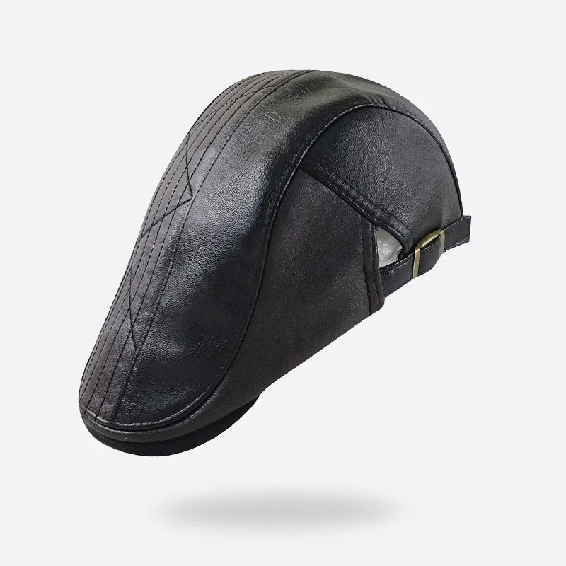 Boina de cuero PU para hombre, visera de espiga de piel sintética, gorro plano cálido con visera ajustable, Otoño e Invierno