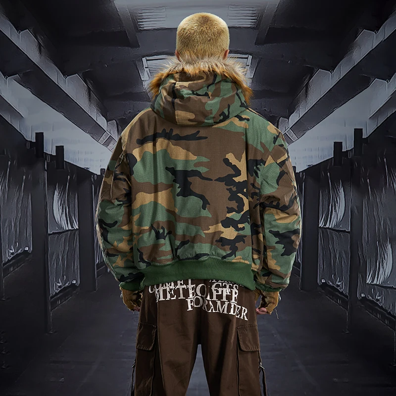 LUZHEN 2025 الشتاء موضة الصوف نحى بطانة سميكة فو الفراء مقنعين معطف مبطّن الرجال التمويه المطبوعة سترة سترة JY5339