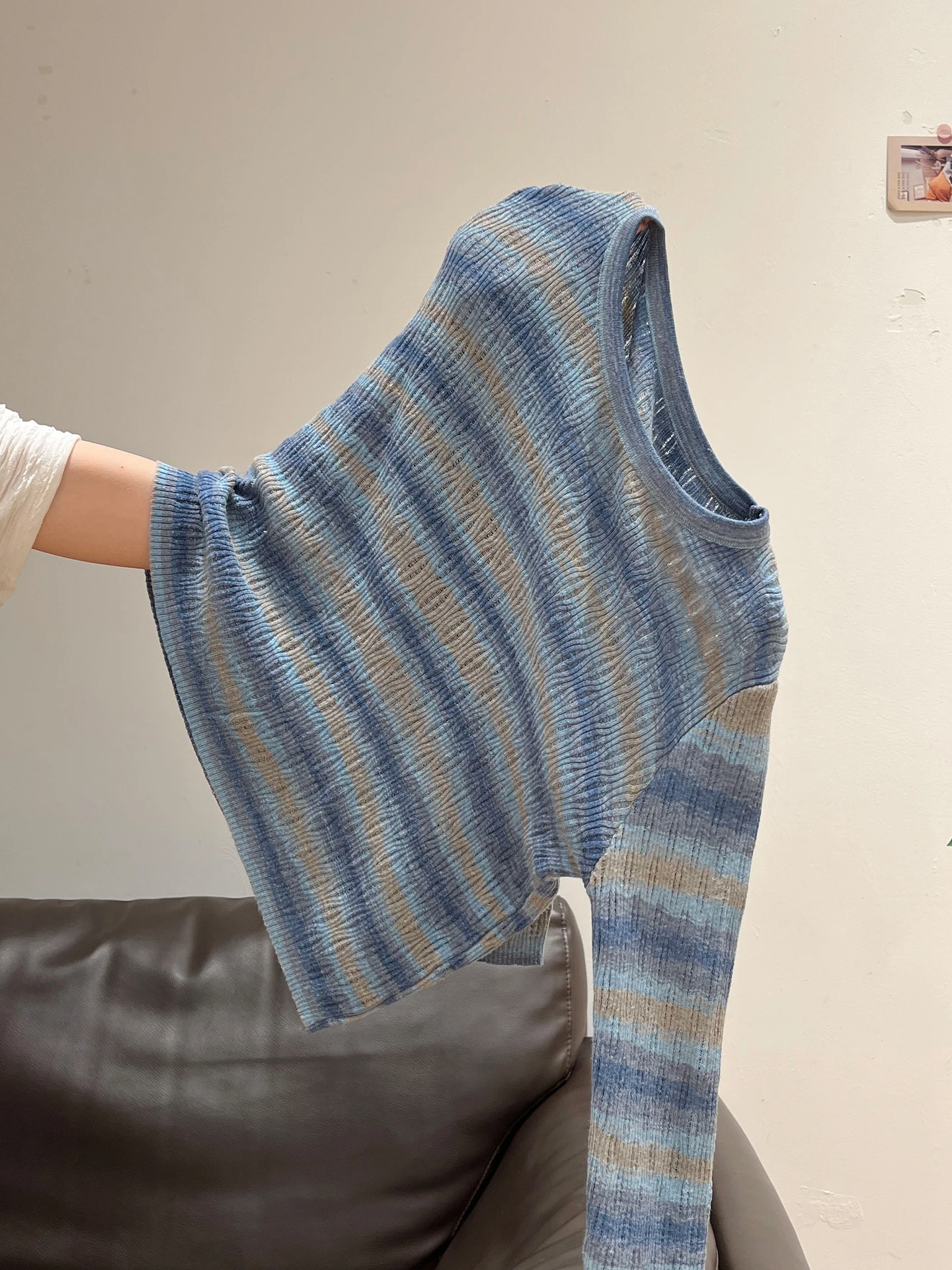 Suéter de punto largo a rayas Ne redondo azul para mujer, Top con Base de Color ahuecado para principios de otoño, Ci Walk Sle