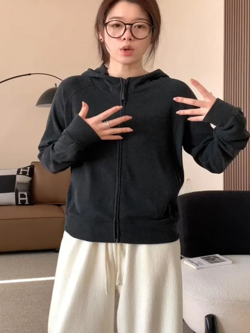 

Корейская толстовка с капюшоном на молнии и высоким воротником, женская куртка больших размеров, свободный крой, спортивный кардиган, пальто, дышащее, удобное