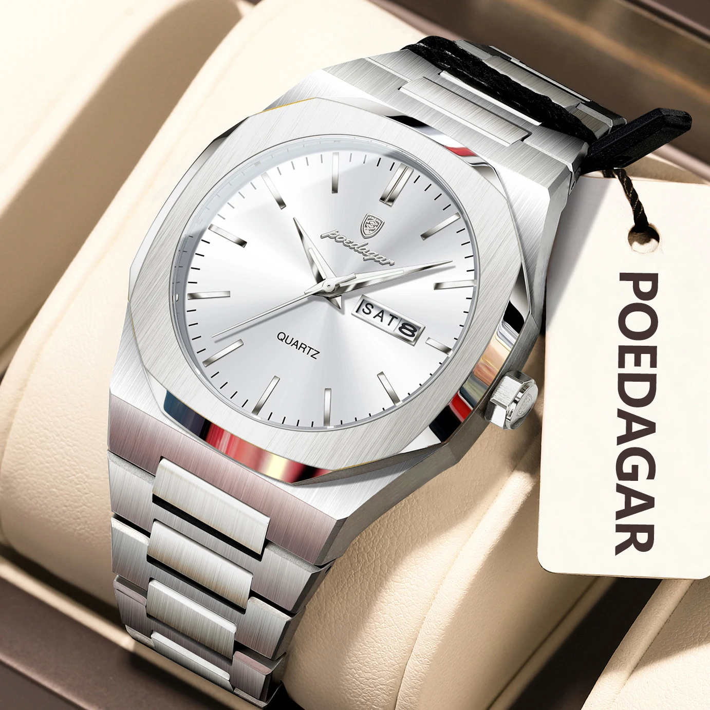 POEDAGAR Top Fashion Man Wristwatch Stainless Steel Date Week Business Men's Quartz Watches Waterproof Luminous Luxury Men Clock