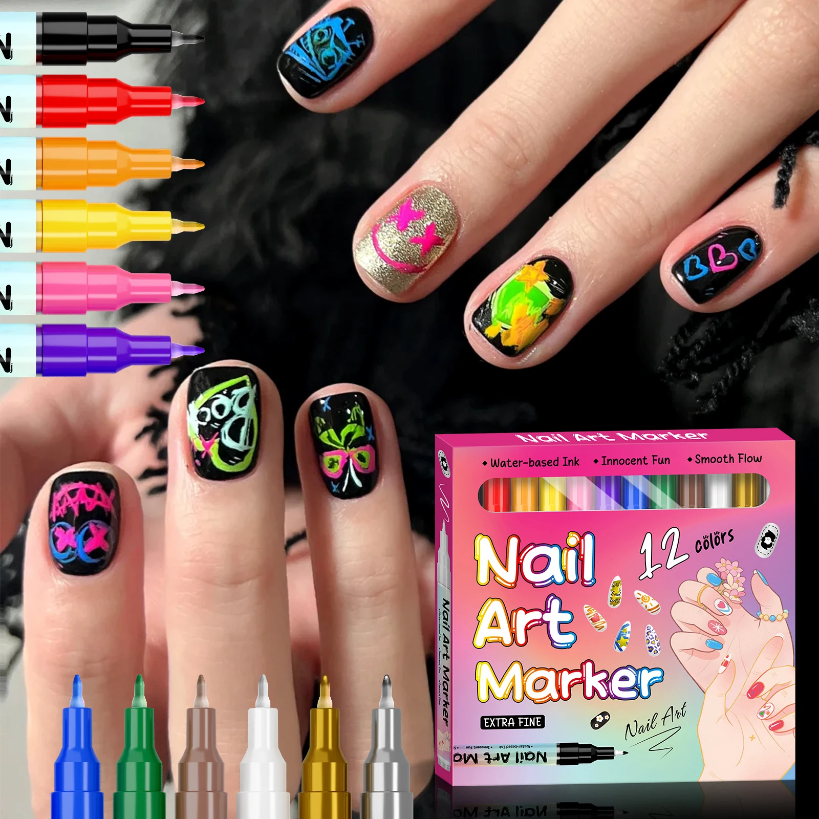

﻿ 12/24 шт. Набор акриловых ручек для граффити для ногтей, 12 цветов, ручки для рисования ногтей «сделай сам», водонепроницаемые и быстросохнущие гелевые маркеры для ногтей, ручка-лайнер для рисования