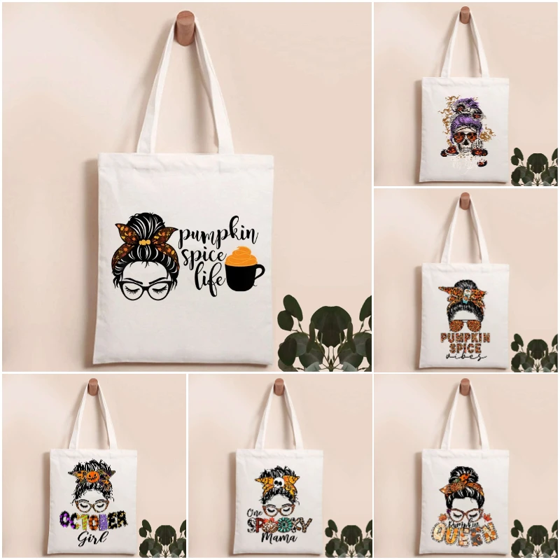 

Halloween Skeleton Pumpkin Mom Print Tote Bag Cute Cartoon Family Design Canvas Bag for Women Holiday Shopping Shoulder Bag