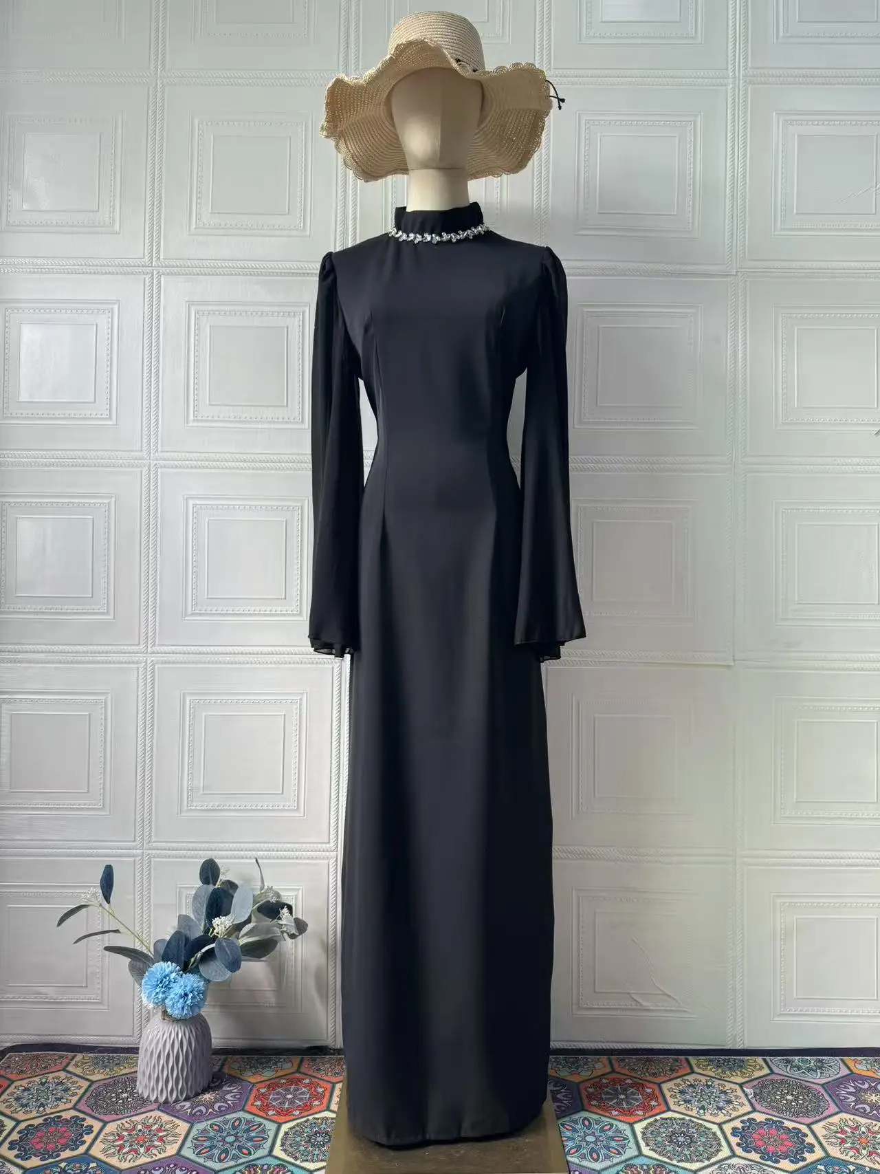 Elegant Slim Fit Solid Prom Dress Autumn Mesh Long Sleeved Flowing Long Dress Women's O Neck High Waist Straight Maxi Dress