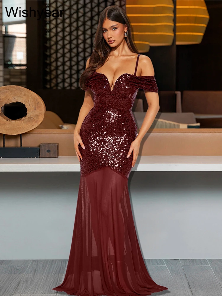 New Wedding Guests Dress Women Sexy Off The Shoulder Sequins Mesh Patchwork Formal Dinner Evening Birthday Party Cocktail Luxury