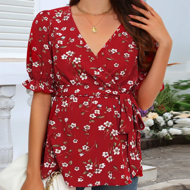 Maternity Tee Shirt V-neck Cross Chest Design Pregnancy Top Waist Cinching Breastfeeding Friendly T-shirt for Expectant Mothers