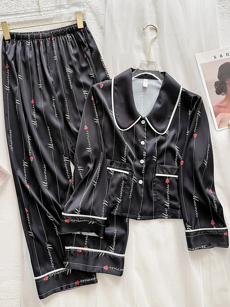 

New black haute couture sleepwear long sleeved short print 100% mulberry silk home suit set