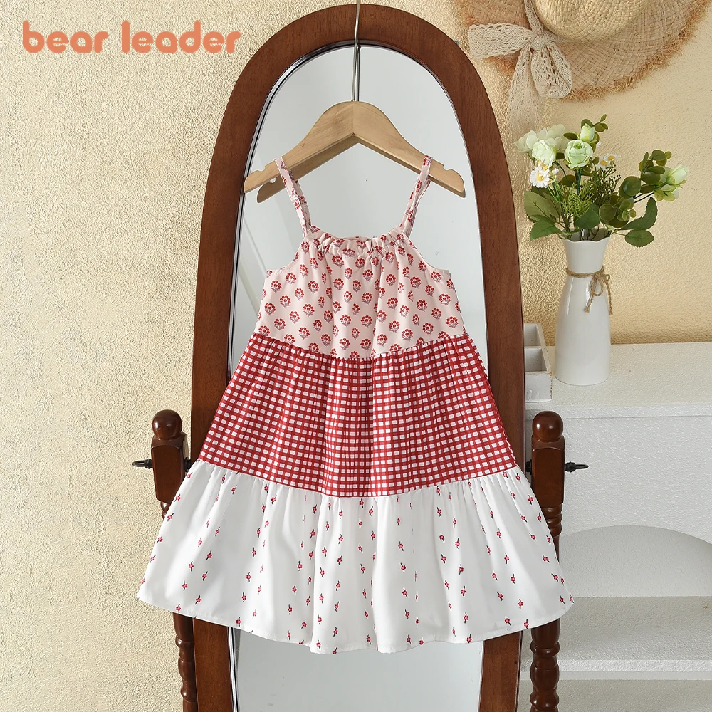 Bear Leader Korean Version Sweet and Cute Girls Clothing Suspender Printed Checkered Patchwork Dress New Summer Kids Clothes