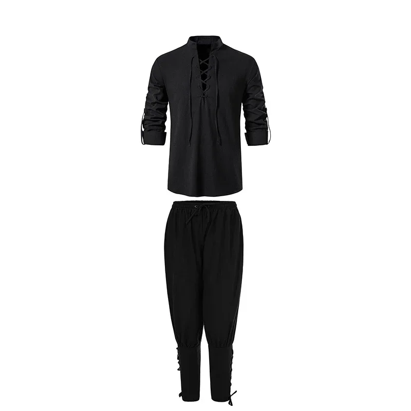 SN60 2 قطعة مجموعة أزياء فارس القرون الوسطى للرجال عصر النهضة تأثيري القراصنة قمصان الكاحل النطاقات السراويل لجميع القديسين القطن الكتان 5 & 8 $