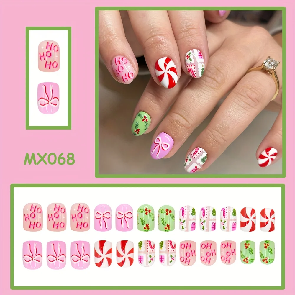 

24-piece short square press-on Christmas nails, featuring bow, Christmas tree, candy cane, gift, and spiral stripe patterns, cute and delicate style, suitable as Christmas or New Year gifts, perfect for women's Christmas decoration and wearing matching.