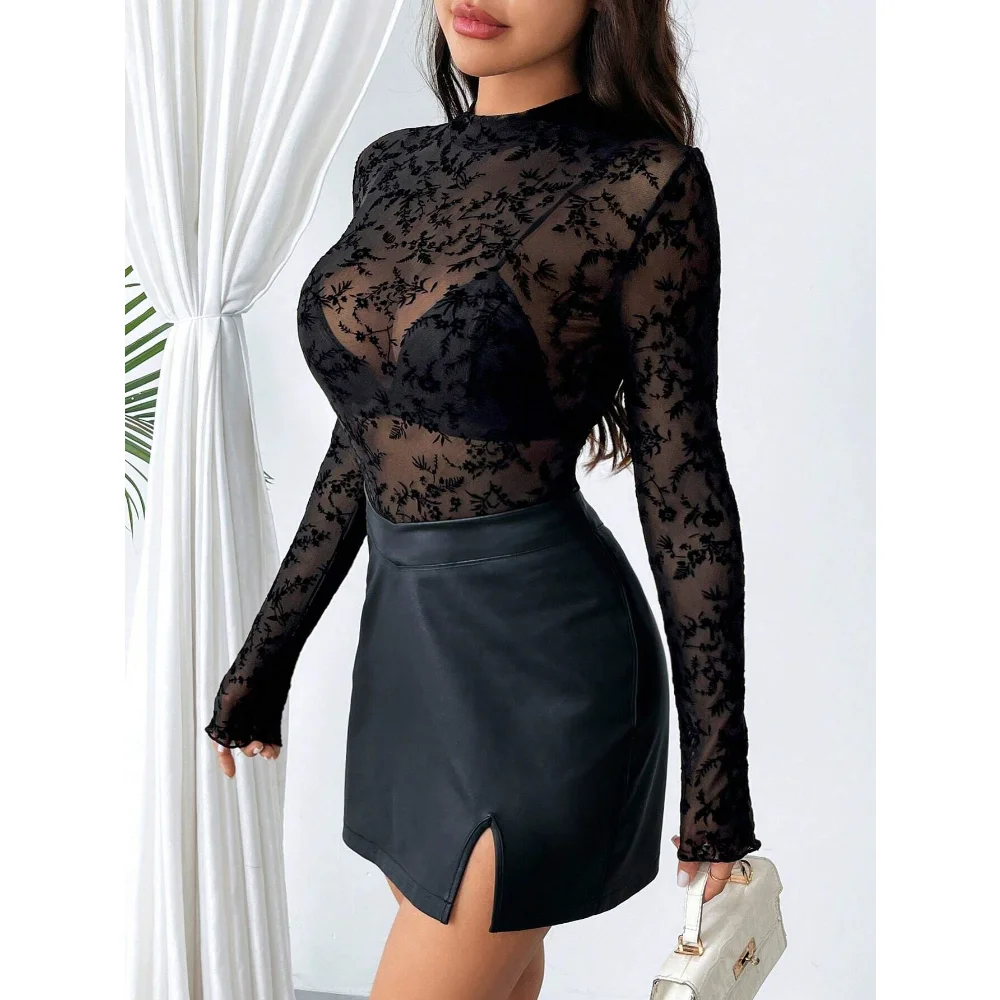 2025 新しい単層メッシュ小さなスタンドアップカラー植毛プリント長袖底トップ女性の T シャツ