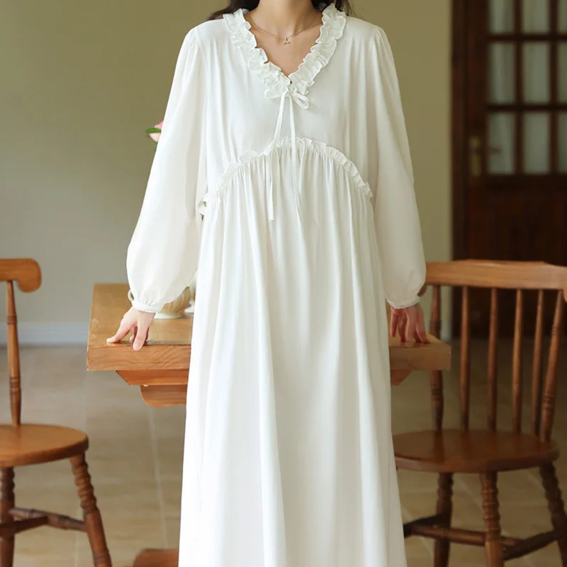 Long Sleeve Princess Nightgown for Women Cotton Spring Sweet Loose Long Dress Comfortable French Sleepwear Homewear Autumn