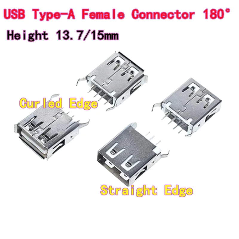 

50PCS USB Type-A Female Connector, 180° Vertical Through-Hole, Height 13.7/15mm, Bent Pin USB-AF