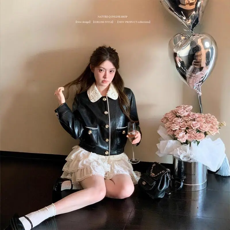 เสื้อแจ็คเก็ตหนังคอปีเตอร์แพนสไตล์เกาหลี เสื้อแจ็คเก็ตสั้นสำหรับผู้หญิง เสื้อโค้ทแฟชั่นสไตล์ลำลองสำหรับฤดูใบไม้ผลิและฤดูใบไม้ร่วง